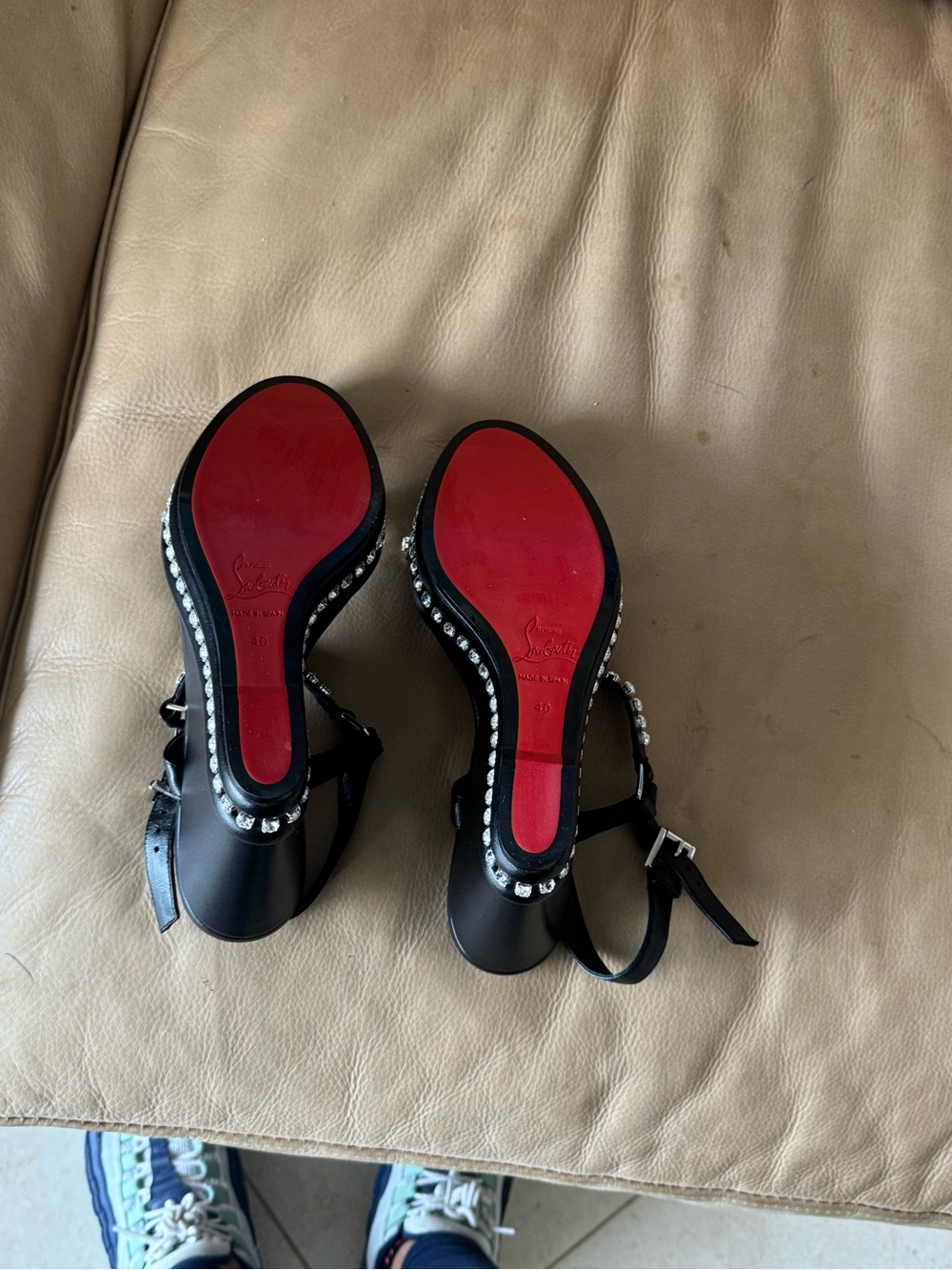 Christian Louboutin Black Leather Sandals with Crystal Trim - Picture 6 of 10